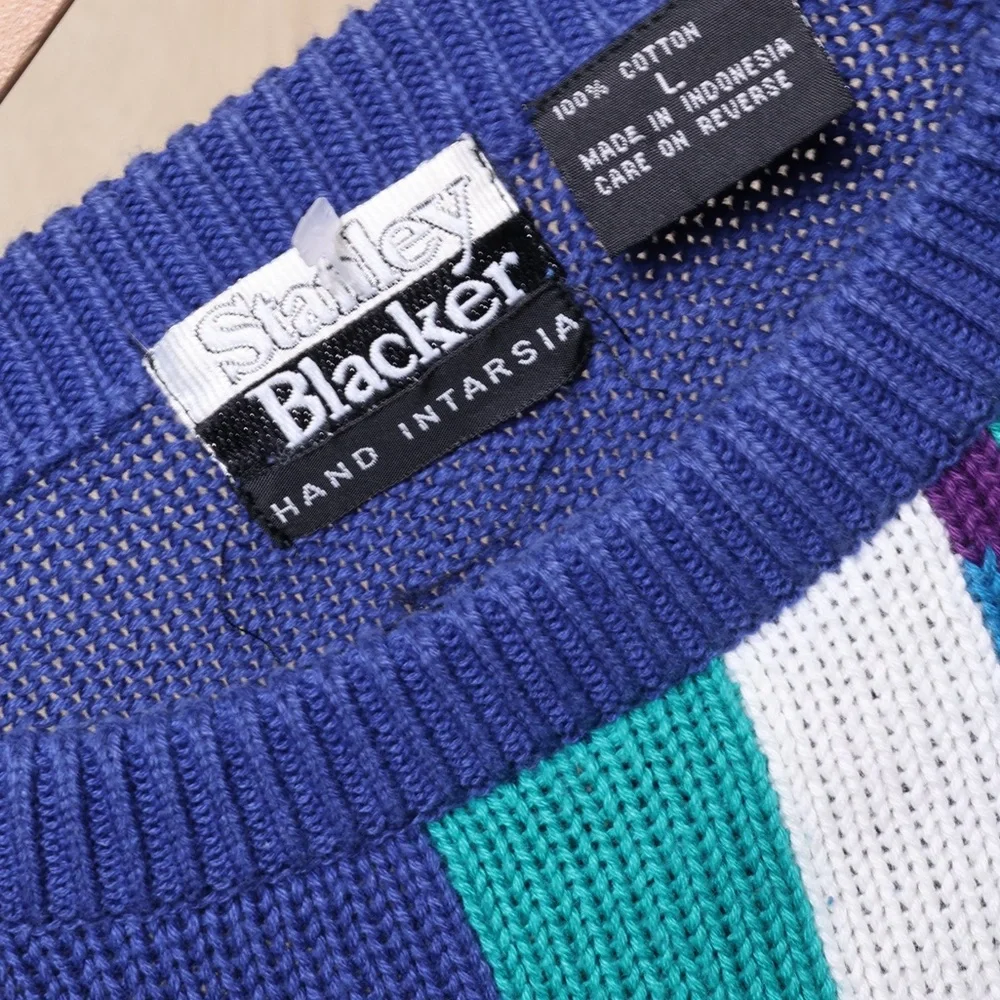 Vintage 1980s‎ Cocktail Olives Geometric Knit Crewneck Sweater Stanley Blacker L